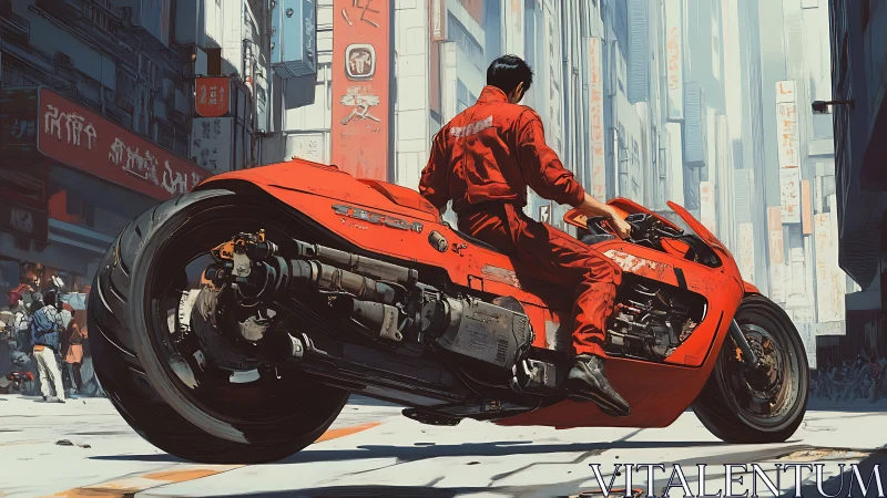 Neo-urban rider on red cybernetic motorcycle in megacity street.