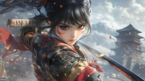 Samurai warrior grips drawn katana before distant pagoda