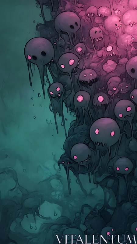 Clustered dripping orbs with pink eyes in teal void space.