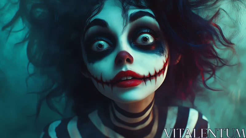 Wide-eyed clown of shadows with strangely gentle charm.