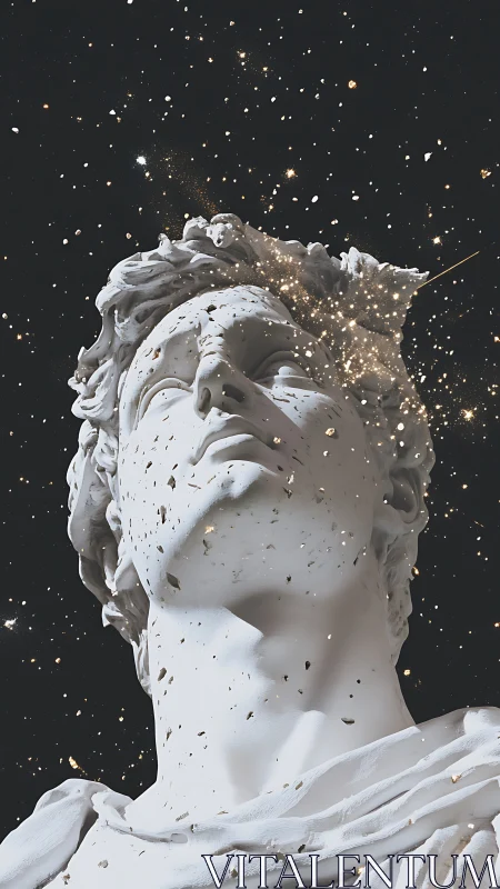 Neoclassical bust disintegrating in cosmic particle field.