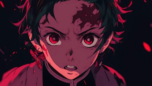 Intense anime warrior portrait in red dynamic lighting focus.