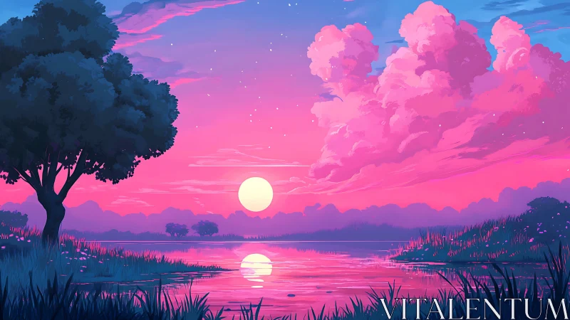 Dreamy pink sunset settles softly over a tranquil riverside