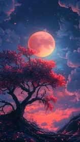 Crimson moonrise crowns twilight cherry blossom ridge.