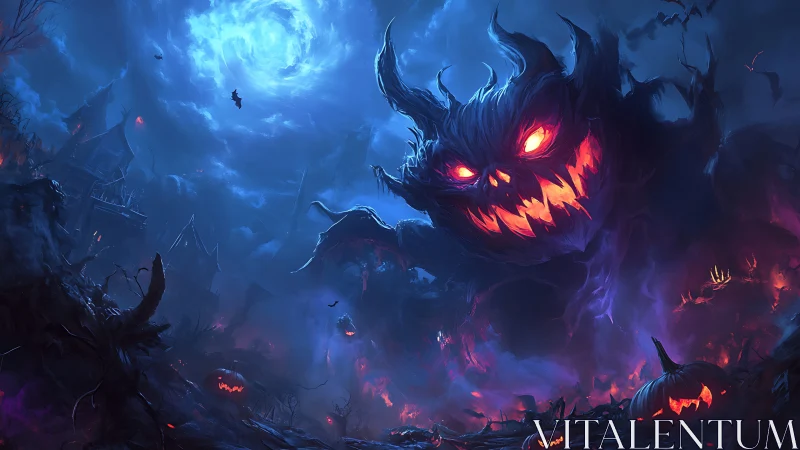 Gigantic spectral pumpkin monster over haunted town.