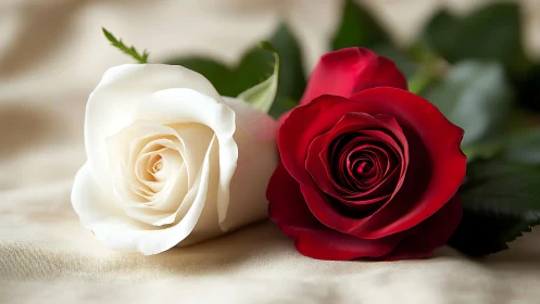 Red and white roses arranged on neutral fabric background