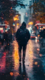 Solitary hooded figure on neon-lit rainy city street at dusk.