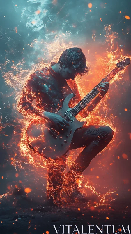 Guitarist silhouette rendered with dynamic fire effects