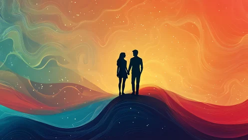 Silhouetted Couple at Sunset: Fluid Digital Abstraction with Ethereal Wave Pattern