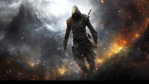 Hooded rogue strides through firelit battlefield ruins.