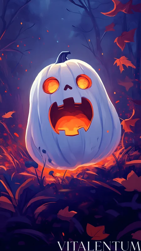 Glowing white jack o lantern burns bright in haunted forest