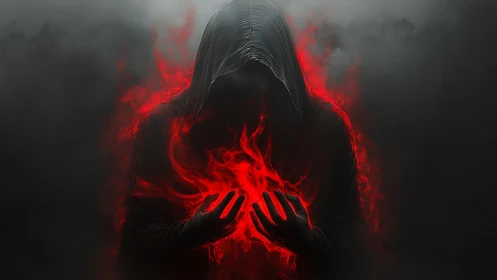 Hooded sorcerer conjures red infernal flames in shadowed void.