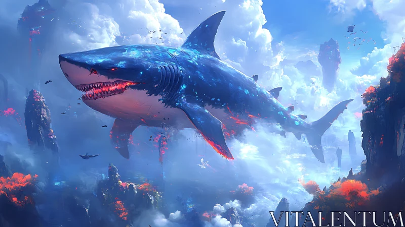 Colossal sky shark glides through neon cloud canyons.