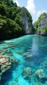 Limestone Karst Lagoon: Crystalline Waters Between Vertical Cliff Formations.