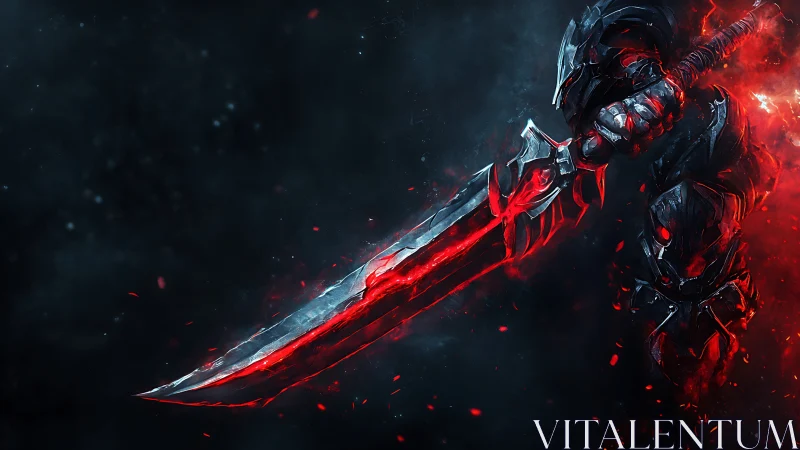Armored warrior holds oversized glowing red-edged sword