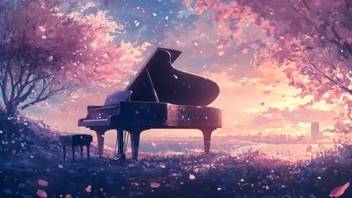 Grand piano under sakura canopy in sunset backlit landscape