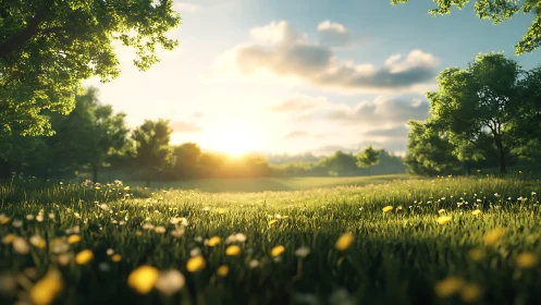 Sunlit meadow shows low-angle view of grass and trees at dawn