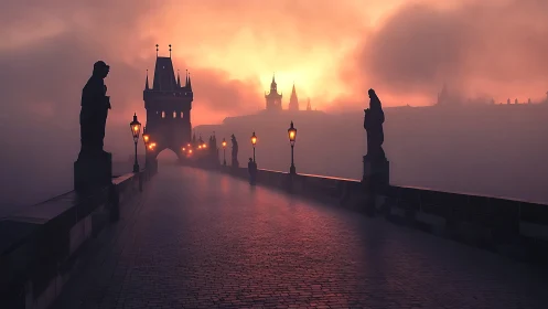 Mist-kissed old city bridge glowing in soft sunrise light.