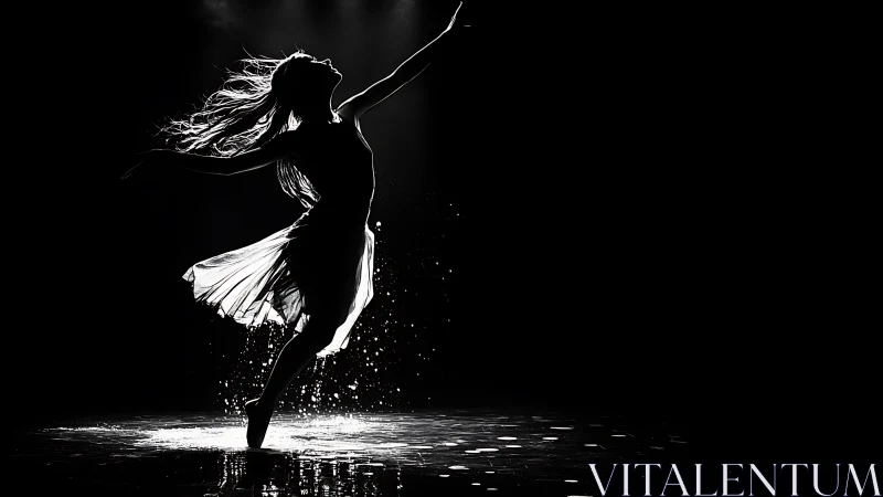 Graceful silhouette dancer leaping through shimmering water.