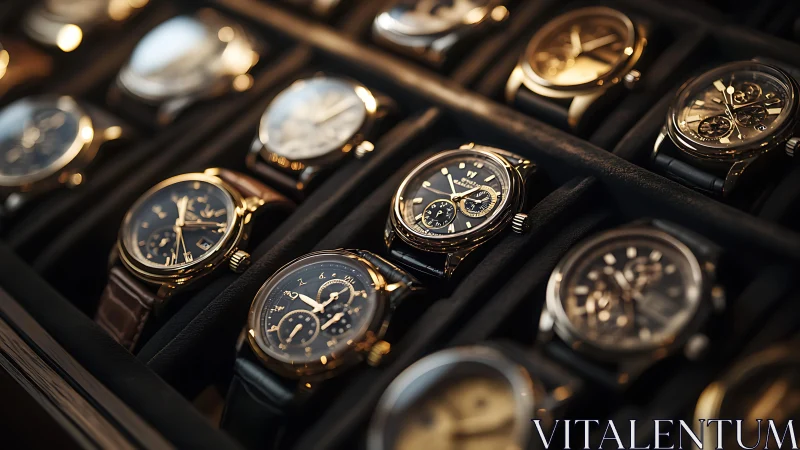 Luxury chronograph wristwatch collection in suede display case.