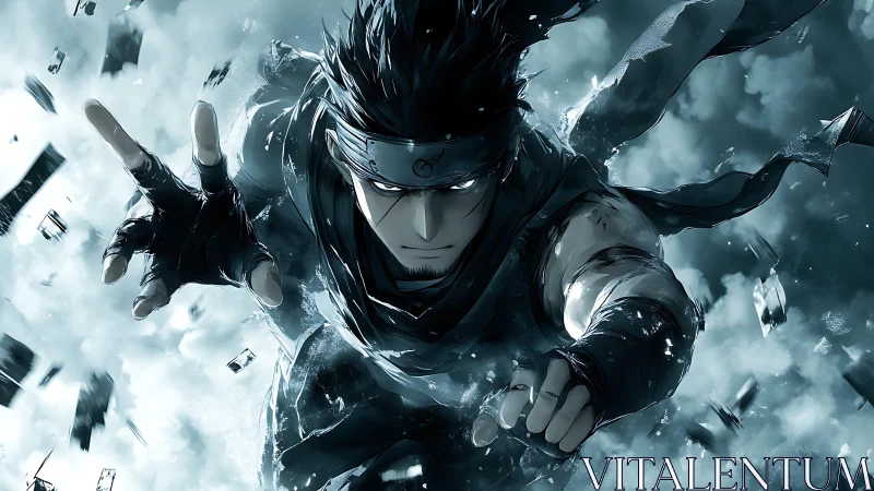 Storm-forged ninja lunges through shattered icy void.