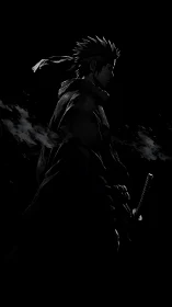 Lone anime swordsman in dramatic monochrome silhouette at night.