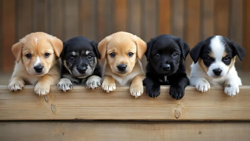 Curious puppy lineup sharing one cozy wooden front row.