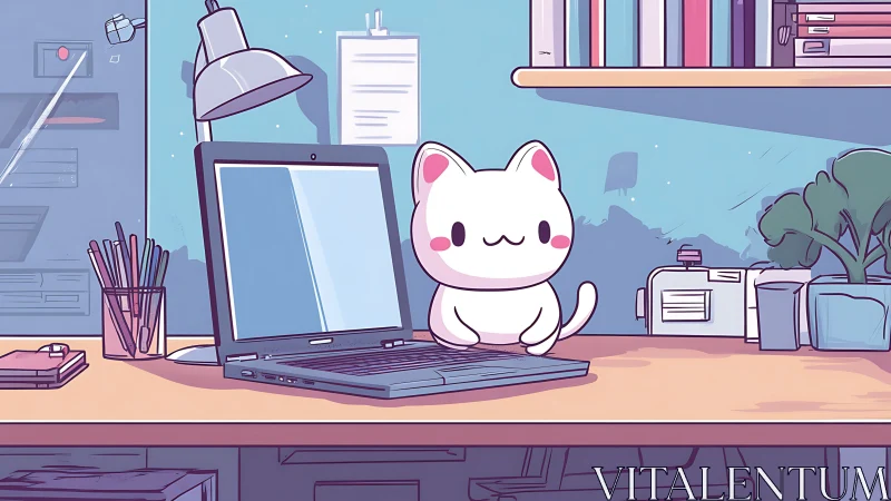 Cute cartoon cat mascot sits on laptop in cozy workspace.