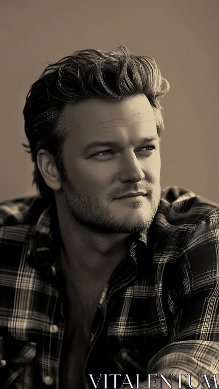 Bearded man gazes sideways in sepia studio portrait.