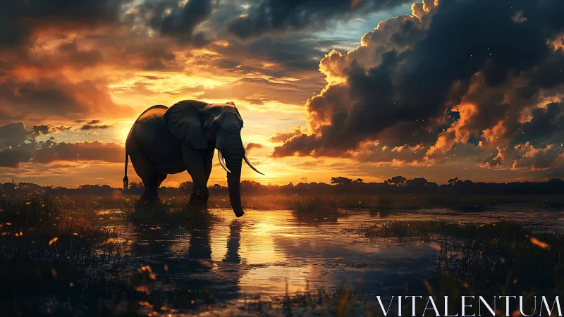 Digital painting of elephant in luminous wetland sunset scene.