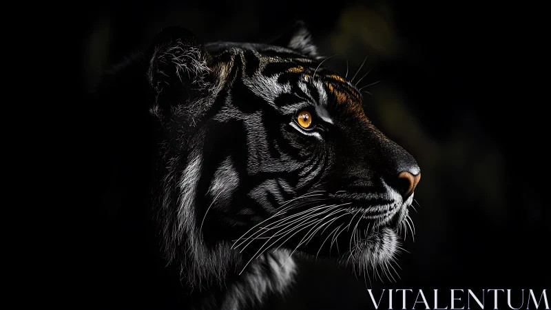 Golden-eyed tiger gazes into darkness with quiet strength