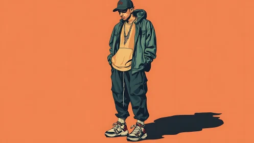 Relaxed streetwear teen stands confidently on bold orange