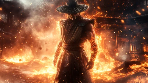 Firelit warrior stands strong amid swirling embers and ruin