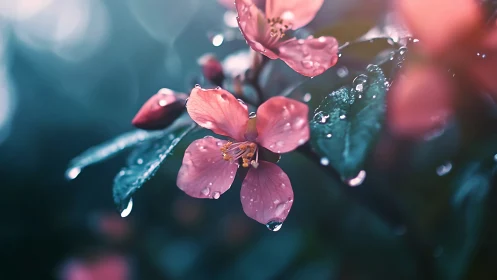 Pink Petals Weeping: Dewdrop Symphony on Verdant Stems