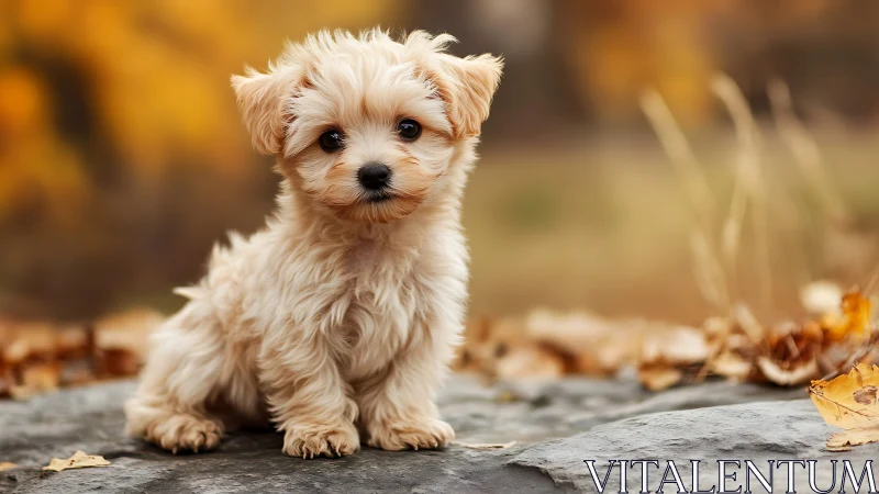 Fluffy cream puppy sitting on stone in autumn park.
