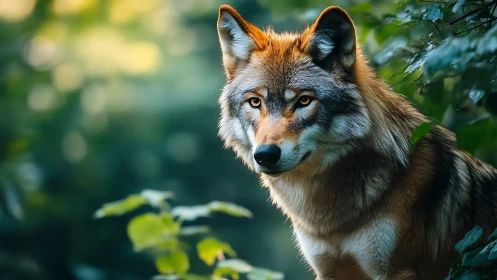 Forest ember wolf in emerald hush, eyes bright as flares.