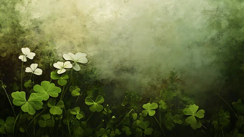 Clover leaves and soft green background in digital art.