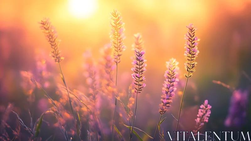 Lavender twilight blooms bask in liquid gold sunset haze.