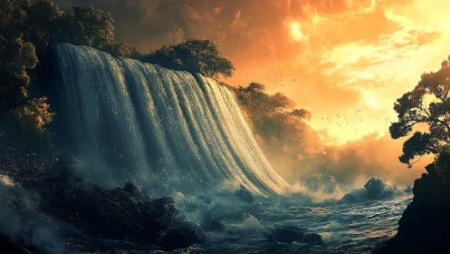 Sunlit cascade panorama with cinematic atmospheric lighting.