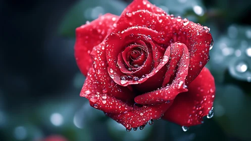 Red Rose Drenched in Morning Dew and Raindrops