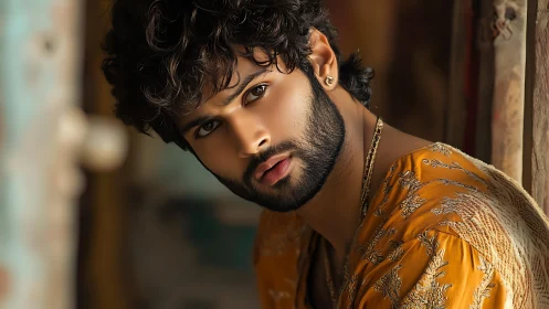 Warm-toned male portrait with shallow depth and ornate kurta