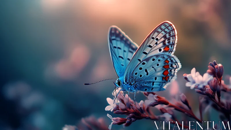 Blue butterfly resting on flowers in soft sunset glow.