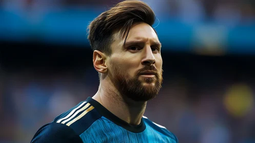 Close-up footballer portrait in teal kit, stadium backdrop