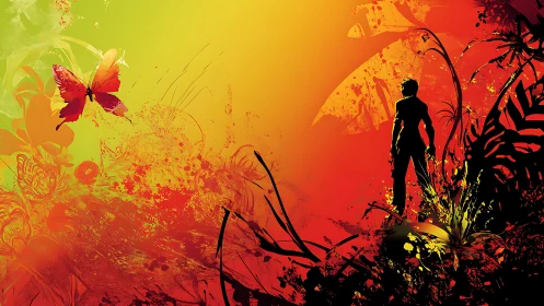 Silhouetted figure watches radiant butterfly in neon dusk.