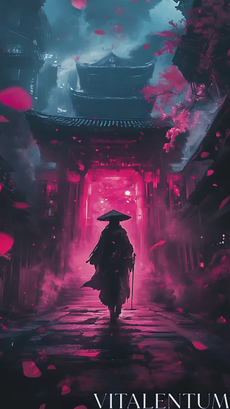 Solitary ronin entering neon temple under falling petals.