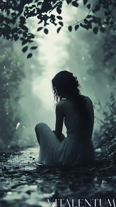 Backlit forest silhouette of seated woman in misty atmospheric perspective