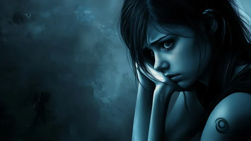 Brooding girl in teal shadows with intense reflective gaze.