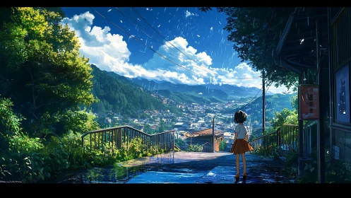 Anime hillside overlook captures rainy townscape in vivid detail