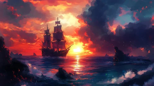 Sailing ship silhouette on ocean at vivid sunset horizon.