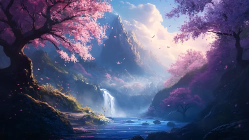 Fantasy valley waterfall framed by luminous cherry blossoms